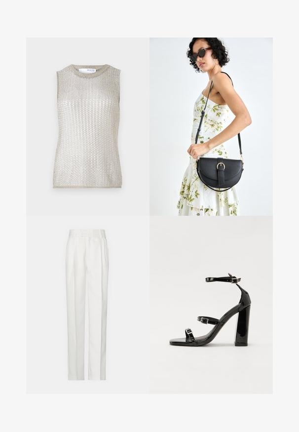 Sleeveless top in metallic silver knit fabric. Features a ribbed texture and a crew neck. Simple, form-fitting design without additional accents.; White pinstriped trousers with a straight leg design, made from a lightweight fabric. Features pleats at the front and a traditional waistband.; Black patent heeled sandals with a square toe, ankle straps, and silver buckles. Features a chunky block heel for stability.; Black leather handbag with a curved shape, detachable strap, and gold hardware. The bag features a flap with a buckle detail.