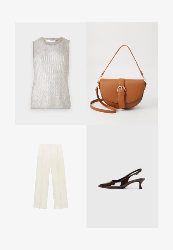 Sleeveless top in metallic silver knit fabric. Features a ribbed texture and a crew neck. Simple, form-fitting design without additional accents.; Wide-legged trousers in a light cream color. Made from a smooth fabric with pleats at the front and side pockets.; Brown patent leather slingback shoe with a pointed toe and a moderate heel. Features a buckle strap for secure fit. Smooth texture.; Brown leather crossbody bag with a curved shape, gold hardware, and a buckle accent. Features a detachable shoulder strap.
