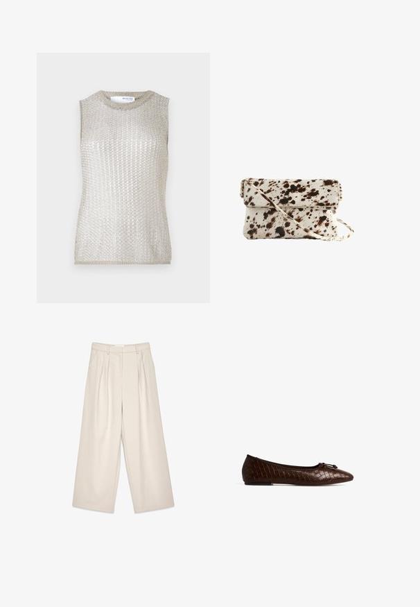 Ærmeløs top i metallisk sølv strikstof. Har en ribbet struktur og en rund hals. Enkel, tætsiddende design uden ekstra detaljer.; Beige vidde bukser med folder, med en glat tekstur og bæltestropper. Skræddersyet snit, der giver en løs pasform omkring benene.; Brune vævet læderballerina med rund tå, dekorativ sløjfe og flad sål. Den teksturerede overflade tilbyder en subtil mønsterdetalje.; Cowhide taske med en cremet base og mørkebrune pletter, rektangulær form, fold-over læbe og en aftagelig skulderrem.