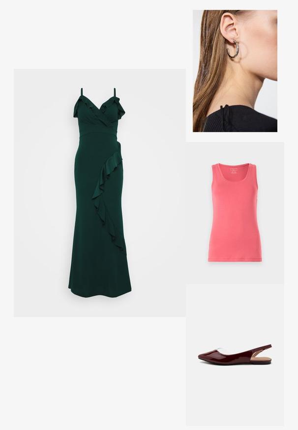 Pink tank top made of soft, stretchy fabric. Features a round neckline and sleeveless design, with neatly finished edges and a slim fit.; Emerald green dress with shoulder straps, ruffled neckline, and a cascading ruffle along the side. Made from smooth fabric, form-fitting design.; Burgundy patent slingback flats with a pointed toe, transparent cutout, and a flat black sole. Smooth texture, minimalist design.; Beaded handbag featuring vibrant colors: pink, orange, blue, and brown. Textured surface with circular beads and organic shapes, sturdy handles.; Silver hoop earring with a polished finish, featuring small gold accent details and a round shape, worn on the lobe.