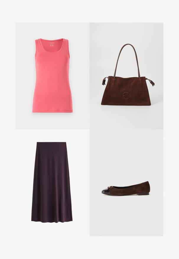 Rózsaszín ujjatlan top, puha, rugalmas anyagból készült. Kerek nyakkivágása van, a szélei szépen el vannak látva, és karcsú szabású.; Sötét olívazöld kordbársony ing, galléros nyakkal, elől gombokkal és bal oldali mellzsebbel. Függőleges csíkokkal texturált.; Lila szoknya sima anyagból, A-vonalú siluettal, térdhosszú szegéllyel, látható minták vagy záródások nélkül.; Barna velúr balettcipők fényes sötétbarna lakkbőr orral és egy kis masni díszítéssel az elején. Lapos sarkúak.; Barna velúr táska dupla bőrhordozóval, puha tapintással, lapos alakú, és finoman gravírozott logóval az elején.