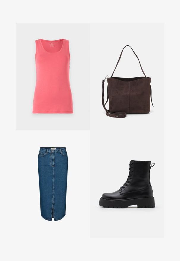 Top rosa realizzato in tessuto morbido e elasticizzato. Presenta un collo rotondo e design senza maniche, con bordi rifiniti in modo impeccabile e una vestibilità slim.; Gonna a tubino in denim blu scuro, con uno spacco frontale, cinque tasche e cuciture a contrasto. Vita medio-alta con un design classico.; Stivaletti in pelle nera alla caviglia con punta rotonda, lace-up frontale e suola in gomma spessa con battistrada textured. Tassello sul retro.; Borsa a spalla in suede marrone con una texture morbida, caratterizzata da una singola tracolla e un'apertura superiore leggermente curvata. Nessun dettaglio hardware visibile.