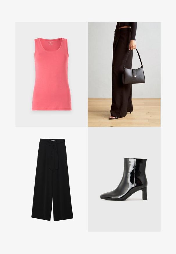 Roze tanktop van zachte, rekbare stof. Heeft een ronde halslijn en een mouwloos ontwerp, met netjes afgewerkte randen en een slim fit.; Zwarte wijde broek van textuurstof, met een elastische tailleband en een afneembare sjaalstrik in de taille voor een verstelbare pasvorm.; Zwarte gepolijste leren enkellaars met een spitse neus en een blokhak van gemiddelde hoogte. Glad textuur en minimalistisch ontwerp.; Zwarte handtas met gestructureerde vorm, gladde textuur en een metalen sluiting. Gecombineerd met brede zwarte broeken en sandalen met open teen op een houten vloer.