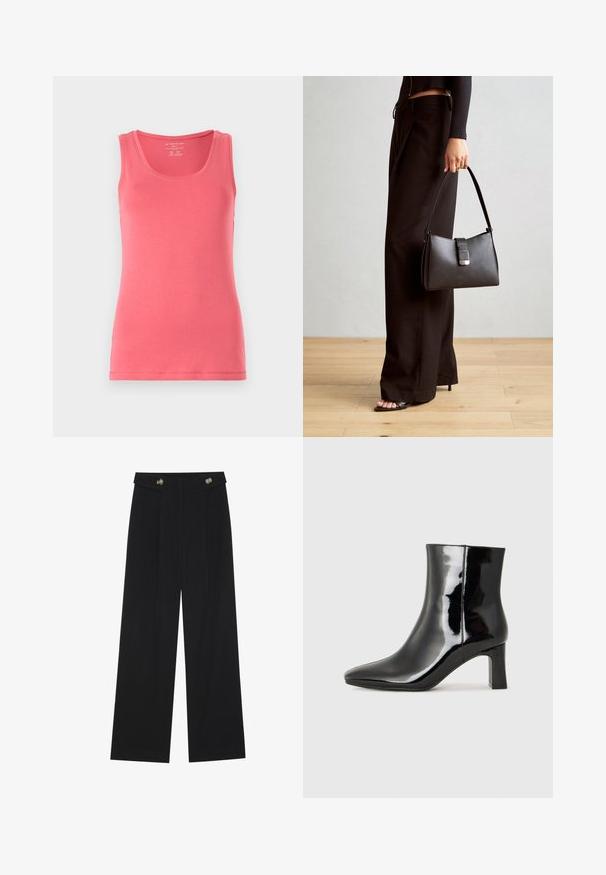 Pink tank top made of soft, stretchy fabric. Features a round neckline and sleeveless design, with neatly finished edges and a slim fit.; Black wide-leg trousers with high waist, button details on waistband, and front pleats.; Black patent leather ankle boot with a pointed toe and a mid-height block heel. Smooth texture and minimalist design.; Black handbag with structured shape, smooth texture, and a metallic clasp. Paired with wide black pants and open-toe sandals on wooden floor.