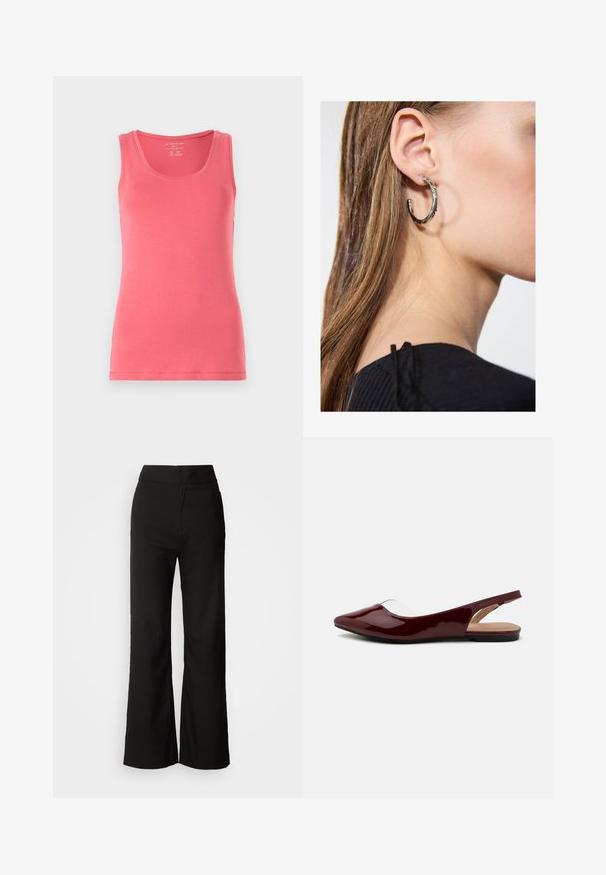 Lyserød tanktop lavet af blød, strækbart stof. Har en rund halsudskæring og er ærmeløs, med pænt afsluttede kanter og et tætsiddende snit.; Sorte bukser med bred benvidde, glat tekstur, høj talje og et enkelt design. Ingen synlige lommer eller udsmykninger.; Burgunderfarvede patent slingback flade sko med spids tå, gennemsigtig udskæring og en flad sort sål. Glat tekstur, minimalistisk design.; Sølv hoop ørestik med en poleret overflade, prydet med små guld accenter og en rund form, båret på øreflippen.