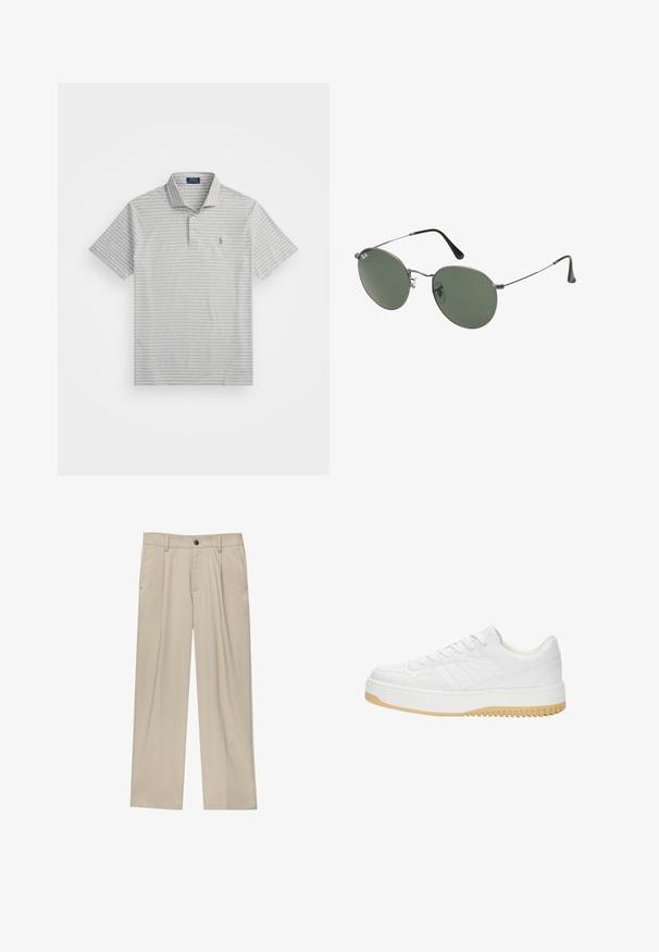 Šedé polo tričko s tenkými bílými pruhy, krátkými rukávy, zapínáním na tři knoflíky a malým logem na levé straně hrudi. Vyrobeno z měkké bavlněné látky.; Béžové kalhoty klasického střihu, se jedním černým knoflíkem, poutky na opasek a bočními kapsami. Hladká textilie a minimalistický design.; Bílé kožené tenisky s texturovaným povrchem, vybavené gumovou podrážkou, šněrovacím designem a jemnými proužkovými akcenty po stranách.; Sluneční brýle s kovovým rámem a oválnými zelenými skly. Tenký stříbrný kovový rám a černé chrániče uší. Minimalistický design, žádné viditelné logo.
