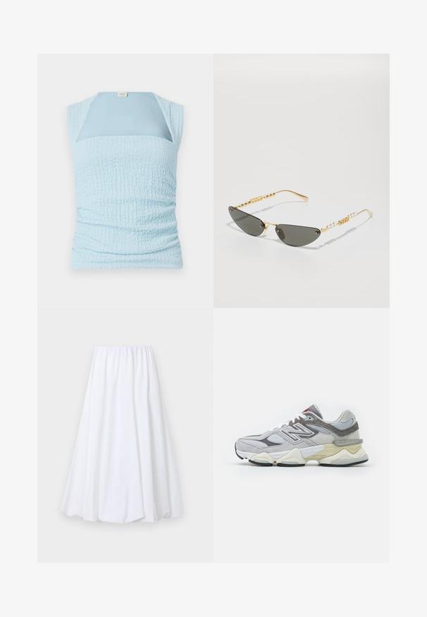 Hele sinine ilma varrukateta topp, mis on varustatud tekstuuriga kogumisega disainiga ja kontrastse siledaga paneeliga kaeluses.; Valge pahkluunini seelik, millel on elastne vöökoht, valmistatud kergest kangast, millel on sile tekstuur ja voolav siluett.; Hallus halli nahast ja võrgust tennisekott, millel on paks valge ja beež tald, silmapaistva valge logoga ja punaste aktsentdetailidega.; Kuldraamidega prillid tumedate hallide läätsedega. Ainulaadne kassisilma kuju. Templiosas vahelduvad kuldsed helmed ja pärliraamid.