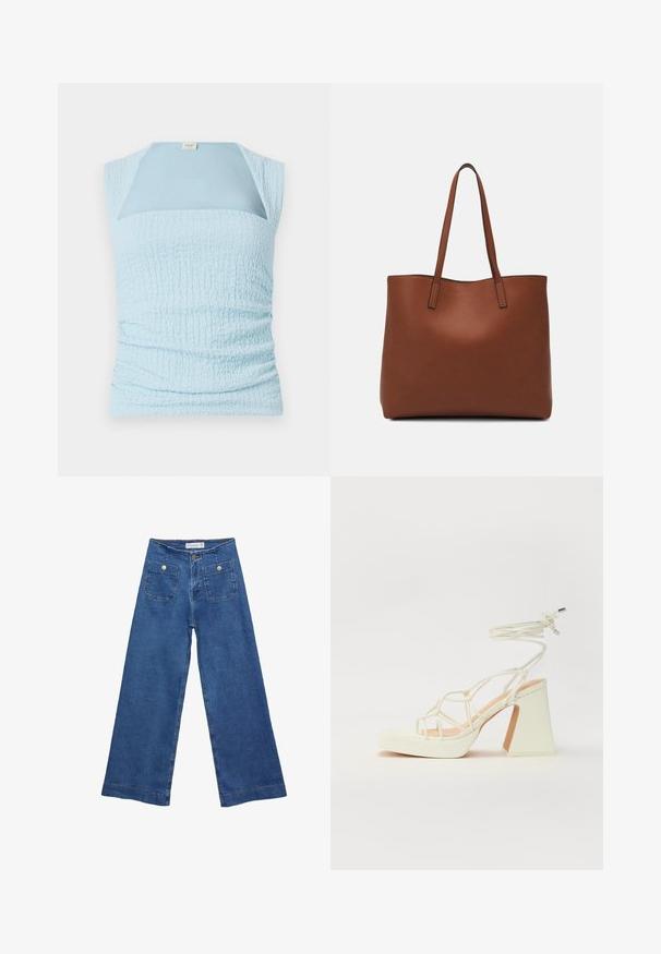 Světle modrý top bez rukávů s texturovaným, nařaseným designem a kontrastním hladkým panelem v oblasti výstřihu.; Džínové kalhoty širokého střihu s středně modrým omakem, dvěma předními kapsami se zapínáním na knoflíky a prošíváním podél lemů.; Bílé sandály na vysokém podpatku s robustním podpatkem, s designem s pásky a zavazováním kolem kotníku. Hladký povrch s platformou vpředu pro zvýšení výšky.; Hnědá kožená taška přes rameno s hladkou texturou, otevřeným designem a dvěma ramenními popruhy. Obsahuje minimální švy a žádné viditelné kovové prvky.
