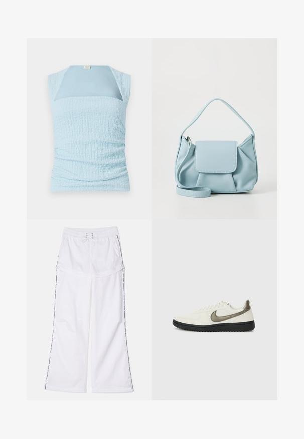 Svijetloplava bezrukavna majica s teksturiranim, naboranim dizajnom i kontrastnim glatkim panelom na izrezu.; Bijele hlače širokih nogavica s elastičnom gumom i vezicom. Imaju bočne pruge s tekstom i opuštenu, mekanu teksturu.; Nike Sportswear FIELD GENERAL - Tenisice - off-white/black; Svijetloplava kožna torba s gornjom drškom, prednjim džepom s preklopom i odvojivom narukvicom na bijeloj pozadini.
