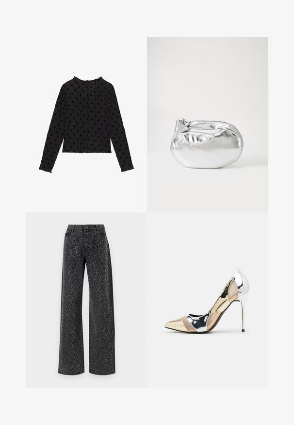 Black long-sleeve top with a textured fabric, featuring a wavy design and raised bow patterns throughout. Rounded neckline and fitted silhouette.; Noisy May NMJANNEL LOOSE - Relaxed fit jeans - black denim; Pointed-toe high heel shoe with a silver, gold, and nude color scheme. Glossy finish with cutout design, featuring a stiletto heel.; Silver metallic pouch bag with a soft, rounded shape and a knotted top closure. Made from smooth faux leather material.; Silver hoop earrings with a minimalist design. Circular shape, smooth texture, and thin profile. Lightweight with a polished finish.