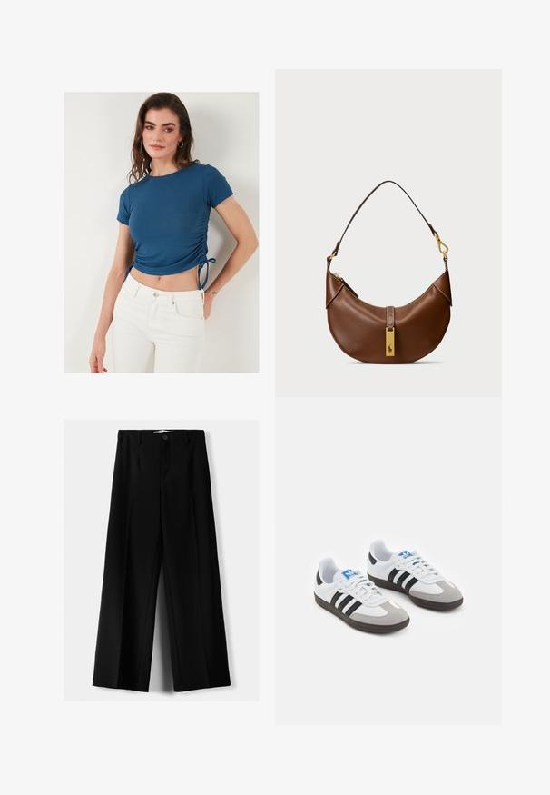 Modrá rebrovaná crop topko s krátkymi rukávmi, s nastaviteľným riasením na bočných stranách a zaviazaním. Skombinované s bielymi jeansami s vysokým pásom.; Čierne široké nohavice z ľahkého materiálu, s predným zapínaním na gombík a plochým predným dielom, s pekne ušitými lemami.; Športové topánky s bielym koženým zvrškom, šedou semišovou špičkou a tromi čiernymi pruhmi. Obsahujú modré logo na jazyku a štruktúrovanú gumovú podrážku.; Hnedá kožená taška cez rameno s oble tvarom, zlatým kovaním, detailom horného uzáveru a akcentom loga. Hladký povrch s prešitými okrajmi.