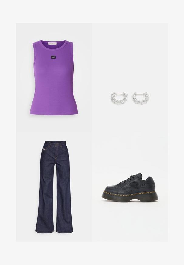 Lila ujjatlan felső bordázott textúrával és kerek nyakkal. Elöl egy kis fekete logó címkével. Sima anyagbevonat.; Sötétkék, bő szárú farmernadrág, magas derékkal, narancssárga varrással, öt zsebes kialakítással és gombos zárással.; Fekete bőr sneaker, texturált felső résszel, kerek orral és vastag platform talppal. Sárga kiemelő varrásokkal és márkázott oldalsó logóval rendelkezik.; Ezüst karika fülbevalók, átlátszó, téglalap és háromszög alakú kristályokkal, mintás elrendezésben. Biztonságos rögzítést biztosító fülbevaló pálcikák.
