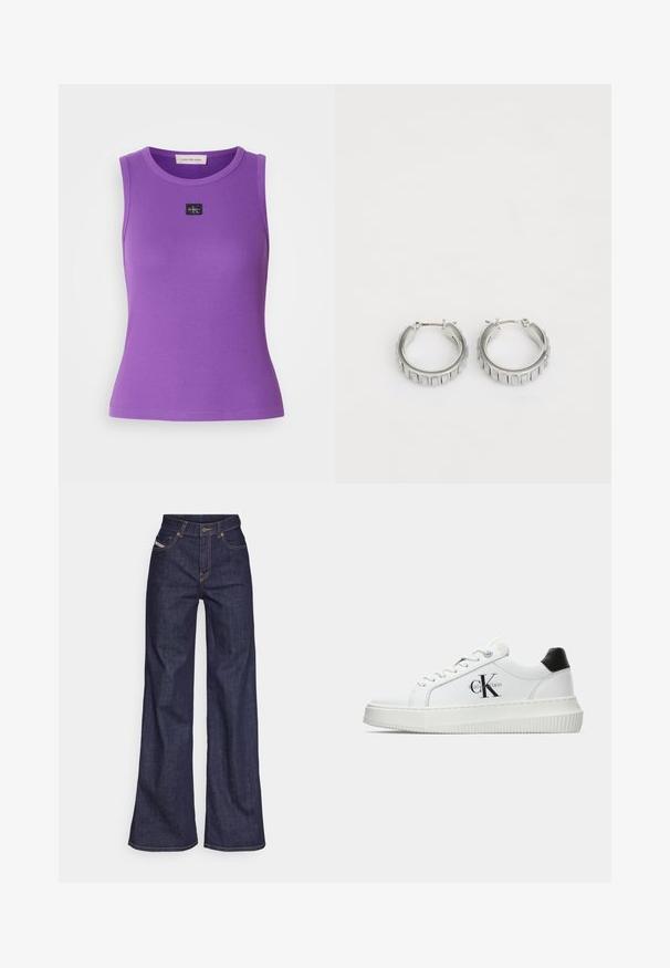 Fialový bezrukávový top s rebrovanou textúrou a okrúhlym výstrihom. Má malú čiernu logo nálepku na prednej strane. Hladký povrch látky.; Tmavomodré široké džínsy z denimu s vysokým pásom, zdobené oranžovým šitím, päť vreckovým dizajnom a zapínaním na gombík.; Biele nízke tenisky s čiernym pätkovým dielom, platformovou podrážkou, šnúrkami a logom "CK" značky Calvin Klein na boku.; Strieborné kruhové náušnice s textúrovaným dizajnom, ktorý obsahuje vertikálne ryhy. Obdĺžnikový tvar so zabezpečovacím uzáverom. Hladký povrch.