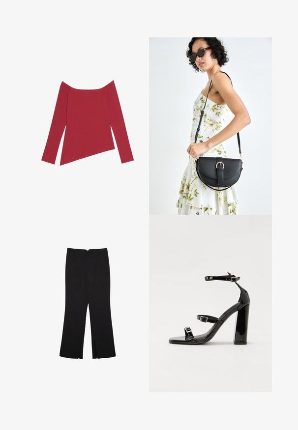 Röd axelbandstopp med långa ärmar, ribbad textur och asymmetrisk nederkant, med en slät finish och diskreta sömmar.; Svarta byxor med rak passform, utrustade med framfickor och sidoklyvningar vid fållen. Tillverkade av mjukt, slätt tyg. Lämpliga för olika tillfällen.; Svarta lackerade klacksandaler med fyrkantig tå, ankelremmar och silverfärgade spännen. Har en kraftig blockklack för stabilitet.; Svart läderhandväska med en böjd form, avtagbar rem och guldiga detaljer. Väskan har ett lock med en spänndetalj.