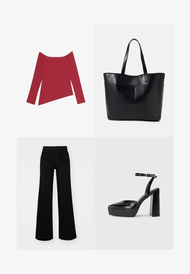 Punainen olkaimia vailla oleva paita, jossa on pitkät hihat, ribbineulepinta ja epäsymmetrinen helma, joka on sileä ja jossa on hillityt saumat.; Musta leveälahkeinen farkkupanta, jossa on rakenteellinen vyötärö, vyölenkit ja etutaskut. Sujuva rakenne klassisella muotoilulla.; Mustat korkeat platform-kengät, joissa on terävä kärki ja säädettävä nilkkaremmi. Valmistettu sileästä nahasta ja varustettu paksulla lohkokorkeudella.; Musta nahkainen kassi, jossa on kaksi pitkää kahvaa, sileä pinta ja jämäkkä muoto. Sisältää etutaskun lisävarastointia varten.