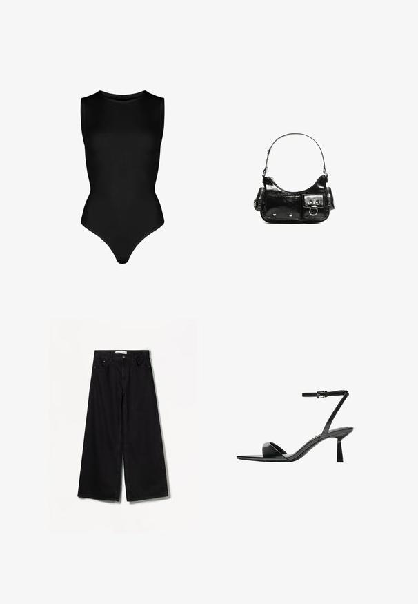 Svart ärmlös bodysuit tillverkad av stretchigt material, med hög krage och en kroppsnära design med en stringtrosa. Inga mönster eller metalldetaljer.; Bershka WIDE-LEG - Wide leg - black; Bershka Sandaletter - black; Svart lackläderhandväska med en rundad form, en axelrem, framfickor och detaljer i silverfärg.