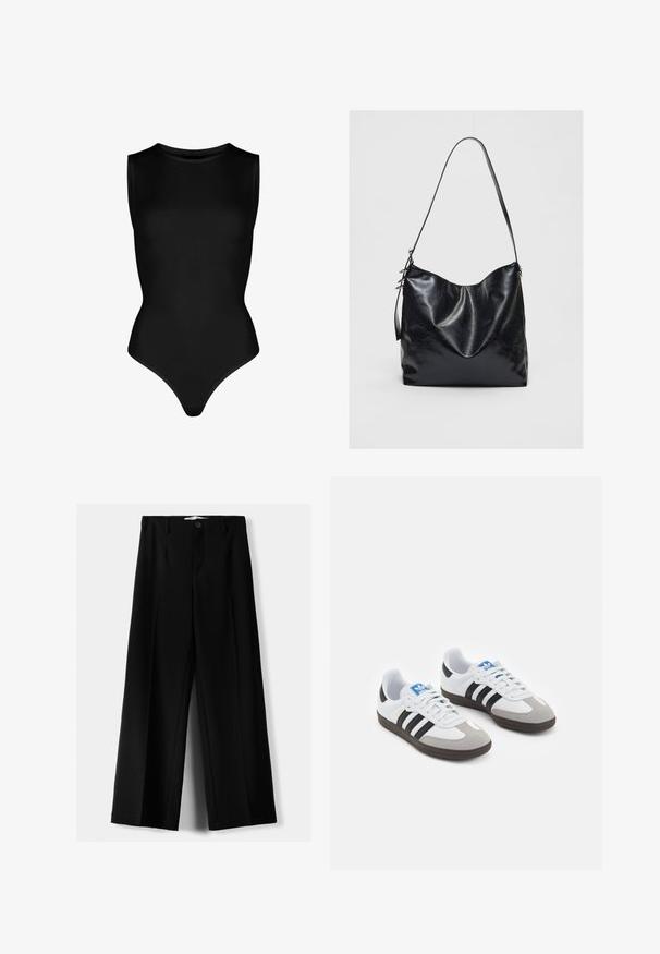 Czarny bodysuit bez rękawów wykonany z elastycznego materiału, z wysokim dekoltem i dopasowanym krojem z majtkami typu thong. Brak wzorów lub elementów metalowych.; Czarne spodnie szerokie, wykonane z lekkiego materiału, z zapięciem na guzik z przodu i gładkim przodem, z starannie wykończonymi brzegami.; Buty sportowe z białą skórzaną cholewką, szarym zamszowym noskiem i trzema czarnymi paskami. Posiadają niebieskie logo na języku oraz teksturowaną gumową podeszwę.; Czarna skórzana torba na ramię o miękkim, teksturowanym wykończeniu. Posiada zaokrąglony kształt i pojedynczy regulowany pasek. Brak dodatkowego sprzętu.