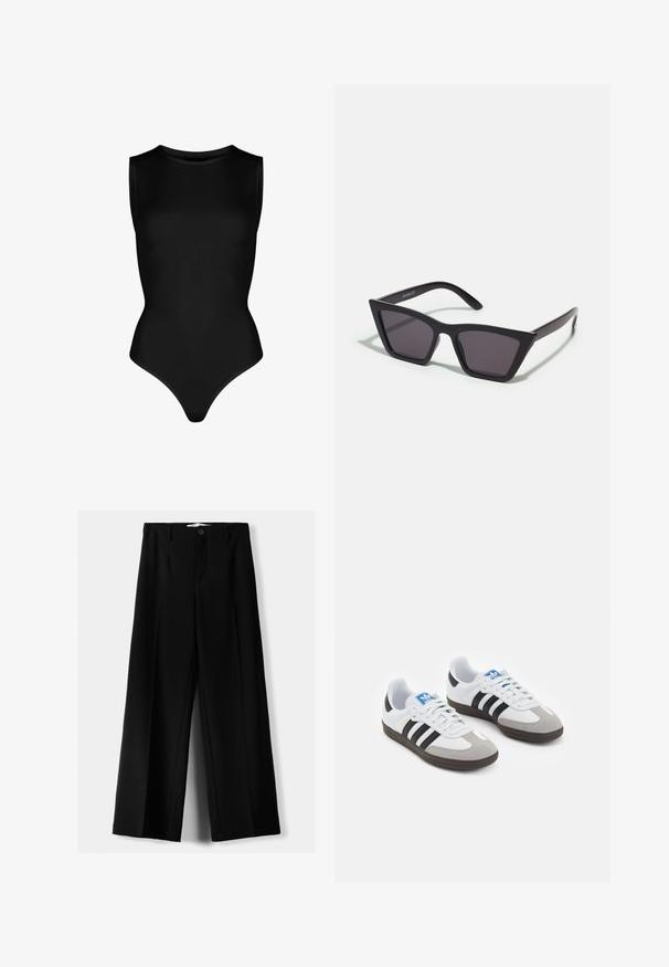 Schwarzer ärmelloser Body aus dehnbarem Material, mit hohem Kragen und figurbetontem Design mit einem Tanga-Unterteil. Keine Muster oder Metallteile.; Schwarze weite Hosen aus leichtem Stoff, mit einem Knopfverschluss vorne und flachem Bund, mit sorgfältig genähten Säumen.; Sportschuhe mit einem Obermaterial aus weißem Leder, grauer Wildleder-Zehenkappe und drei schwarzen Streifen. Sie verfügen über ein blaues Logo auf der Zunge und eine strukturierte Gummisohle.; Schwarze, eckige Sonnenbrille mit grauen Gläsern; aus Kunststoff gefertigt, mit dicken Bügeln, die eine glatte Oberfläche und keine sichtbaren Beschläge haben.