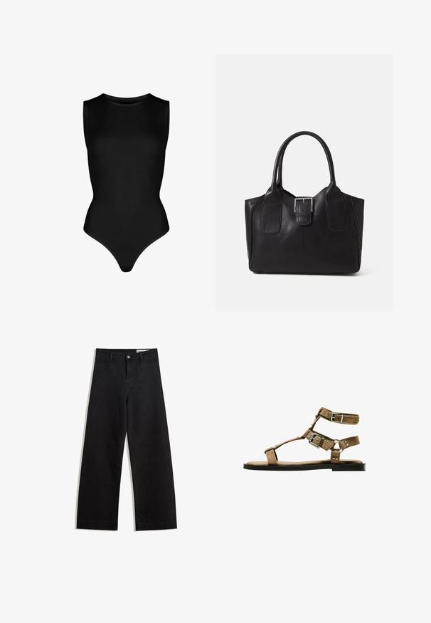 Body senza maniche nero realizzato in materiale elasticizzato, con scollatura alta e una vestibilità aderente con fondo a perizoma. Nessun motivo o hardware.; Pantaloni in denim neri a gamba larga con vita alta, dotati di tasche anteriori e posteriori, cuciture a punto, e chiusura con bottone. Texture liscia.; Sandal in suede marrone con più cinturini e hardware in metallo argentato, suola piatta, design open toe e sottili dettagli borchiati.; Borsa tote in pelle nera con texture liscia, forma strutturata, due manici e un evidente dettaglio in fibbia argentata sul davanti.