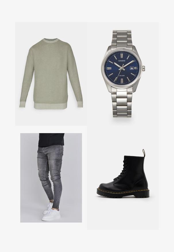 Šviesiai žalia megzta megztinis su tekstūriniu raštu, su raukšlėtu kaklu ir rankogaliais bei paprastu apvadu. Yra minimalus apipavidalinimas su subtiliu logotipu.; Lieknos džinsai iš išbluko pilkos džinsinės medžiagos, su pažeidimais keliuose, derinami su baltais sportiniais batais. Lygi tekstūra, siauras siluetas.; Juodi odiniai auliniai batai su raištelių priekiu, geltonu siuvimu, apvaliu pirštu ir storu, tekstūruotu guminio pado.; Sidabrinis nerūdijančio plieno laikrodis su tamsiai mėlynu ciferblatu, metaliniais valandų žymenimis ir datos langeliu 3 valandą. Atsparus vandeniui iki 50 metrų.