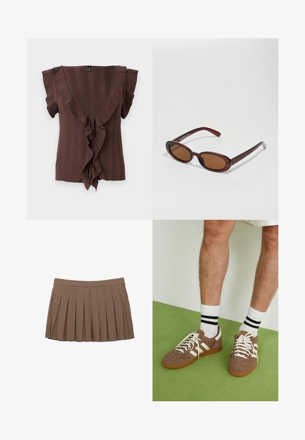 Smeđa pletena majica s dubokim V-izrezom, kratkim rukavima i vertikalnom rebrastom teksturom, ukrašena nabranim rubom duž prednje strane.; Smeđa mini suknja s plisee nabranim detaljima, s pojasom i diskretnim logotipom s bočne strane na bijeloj pozadini.; Smeđe nubuk tenisice s bijelim detaljima i vezicama. Gumeni potplat. Nosene s bijelim čarapama s crnim prugama. Zeleno teksturirano pod.; Okvir okruglih, smeđkastih sunčanih naočala s sjajnim burgundskim okvirom. Uski nositelji s suptilnim brendiranjem. Ravna leća.; Smeškan smeđi kožni torbica u obliku trokuta. Ima pletenu ručku i patentni zatvarač na vrhu.
