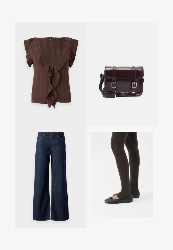 Brun strikket topp med dyp V-hals, korte ermer og vertikal ribbestruktur, aksentuert med en volangkant nedover fronten.; Vide benbukser i mørkeblå denim. Har kontrastsøm, fem lommer og en knaplukning i taljen. Glat tekstur.; Sorte flate sko med en liten sløyfedetalj på tåen, kombinert med mørkebrune ribbede strømpebukser. Skoene har en glatt overflate og lav profil.; Burgunderfarget patentlær crossover-veske med rektangulær form, to stropper, sølvfarget hardware og klaffelukking.