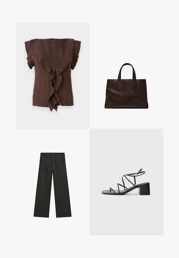 Brown knitted top featuring a deep V-neck, short sleeves, and a vertical ribbed texture, accented with a ruffled trim down the front.; Wide-leg black denim pants featuring a mid-rise waist, two front pockets, and a clean, minimalist design with no visible embellishments.; Black strappy sandals with a square toe and a chunky heel, made of smooth material. Features adjustable ankle straps and minimal hardware.; Brown leather tote bag with two elongated handles, structured rectangular shape, smooth texture, and subtle stitching details.
