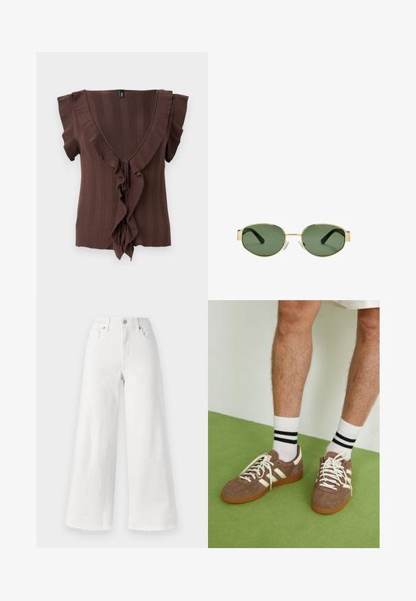 Hnědý pletený top s hlubokým výstřihem do V, krátkými rukávy a vertikálním ribbovaným vzorem, ozdobený volánkovým lemem na přední straně.; Bílé široké džíny z denimu, s vysokým pasem, čtyřmi kapsami a neopracovaným lemem na spodním okraji pro texturu.; Hnědé semišové tenisky s bílými akcenty a tkaničkami. Gumová podrážka. Nošeny s bílými ponožkami s černými pruhy. Zelená strukturovaná podlaha.; Sluneční brýle s metalickým zlatým rámem, zelenými skly, oválného tvaru, s černými stranicemi a průhlednými nosními podložkami. Čistý, minimalistický design.