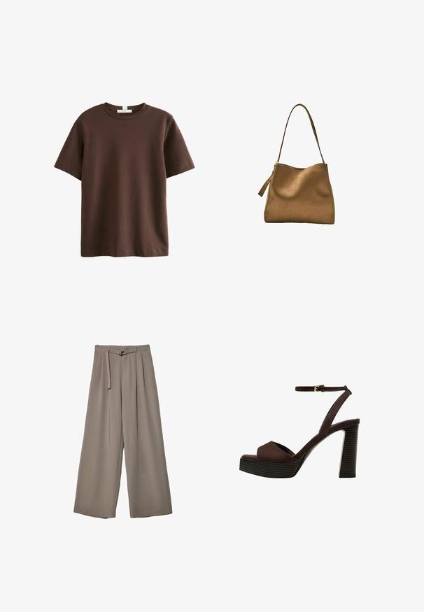 Next STANDARD brązowy; Spodnie o szerokich nogawkach w miękkim, stonowanym szarym materiale, z paskiem w talii i plisami dla dodania detali projektowych. Gładka tekstura, bez wzorów.; Brązowe zamszowe sandały na wysokim obcasie z odkrytymi palcami, regulowanym paskiem na kostce i paskowatą podeszwą.; Brązowa torebka z zamszu o gładkiej fakturze, zaokrąglonym topie oraz długim, płaskim pasku na ramię. Posiada zamek błyskawiczny z boku.