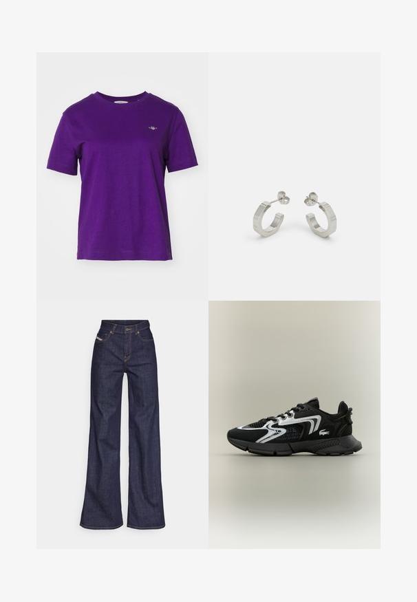 GANT SHIELD - Paprasti marškinėliai - pansy purple; Tamsiai mėlynos plačios kojų džinsinės kelnės iš denimo audinio su aukštu liemeniu, su oranžinėmis siūlėmis, penkių kišenių dizainu ir sagčių užsegimu.; Juodi sportiniai bateliai su tinklinėmis panelėmis, sidabriniais akcentais ir tekstūruotais juodais papildais. Su raišteliais ir išlenktu, tvirtu padu.; Sidabriniai metaliniai auskarai-žiedai su tekstūruotu dizainu, turintys mažą užsegimą ir ženklinimą ant vieno žiedo. Apvalios formos su poliruotu paviršiumi.