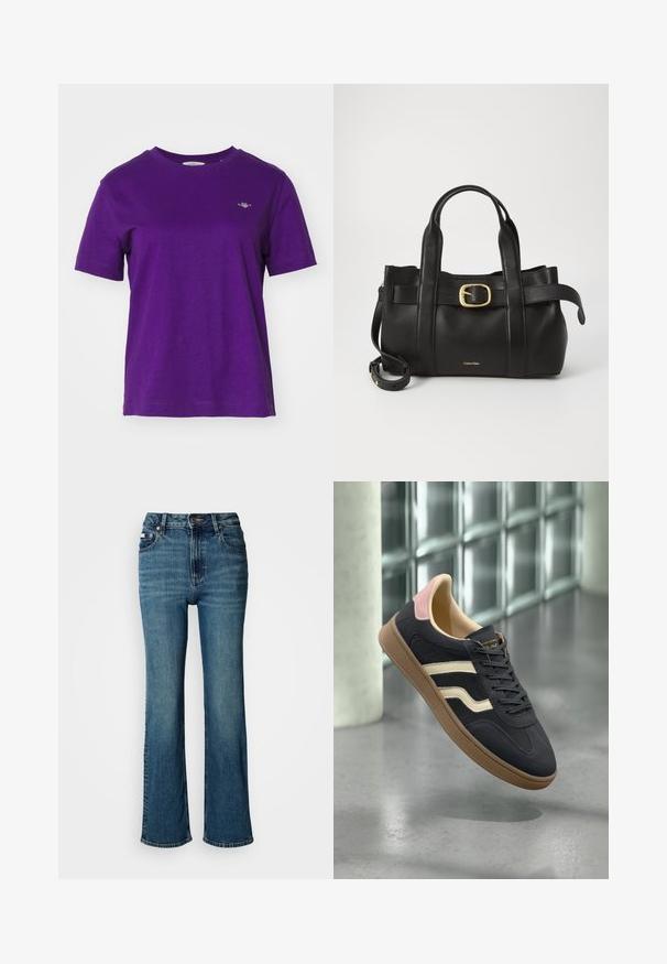GANT SHIELD - Paprasti marškinėliai - pansy purple; Aukštai juosmeniu mėlyni džinsai iš denimo, turintys tiesaus kirpimo dizainą, švelnų blukimą ir standartinį mygtuko bei užtrauktuko uždarymą.; Tamsiai mėlyni odiniai sportbačiai su grietinėlės spalvos juostelėmis, rožinėmis detalėmis ant kulno ir tekstūruota tan spalvos guma. Klasikinis žemas dizainas.; Juodas odinis rankinės maišas su struktūrizuotu dizainu, dviem viršutinėmis rankenomis, auksinės spalvos sagtimi ir iškilniu prekės ženklu priekyje.