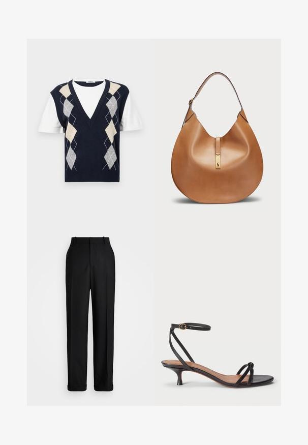 Tumesinise lühikeste varrukate vest valge T-särgiga all. Omab halli, beeži ja valgega ruudulist mustrit. V-kaeluse disain.; Polo Ralph Lauren HIGH RISE RELAXED STRAIGHT TROUSER - Püksid - black; Polo Ralph Lauren LEATHER KITTEN-HEEL SANDAL - Klassikalised kontsakingad - black; Kohvane nahast käekott, millel on kaarjas kuju ja lai õlavööt. Koti keskosas on kuldne metallne detail ning pind on sile.