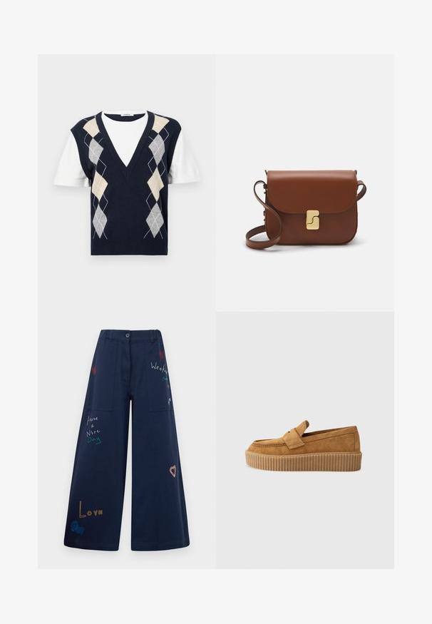 Námornícky krátky rukáv vesty s bielym tričkom pod. Funkcia argyle vzoru v šedej, béžovej a bielej farbe. Dizajn s výstrihom do V.; Navy modré nohavice s širokými nohavicami vyrobené z bavlny, s viacerými vreckami. Obsahujú farebné vyšívané texty a grafiky, vrátane srdiečok a hravých fráz.; Hnedé semišové mokasíny s okrúhlym špičkou, s rebrovanou platformovou podrážkou a dekoratívnym pásikom cez hornú časť.; Hnedá kožená kabelka s klopou, zlatými kovovými prvkami, ramenným popruhom a hladkým povrchom. Kompaktný obdĺžnikový tvar.