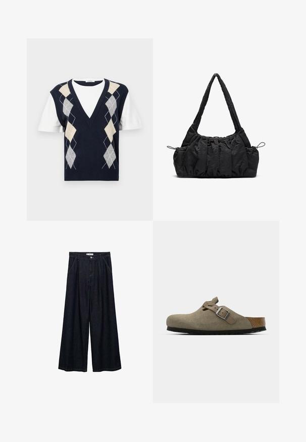 Meri krátké rukávy v námořnické barvě s bílým tričkem jako spodní vrstvou. Obsahuje argyle vzor v šedé, béžové a bílé barvě. Design s výstřihem do V.; Tummat farkku leveälahkeiset housut korkealla vyötäröllä, joissa on etunapit, kaksi sivutaskua ja ompeluyksityiskohtia.; Korkkipohjaiset mokkanahkaiset klossit vaaleassa oliivinvihreässä. Varustettu metallisoljella ja pyöristetyllä varpaalla.; Musta kangaskassi, jossa on rypistetty pinta, kaksi olkahihnaa ja narukiristys sivuilla. Sileä, kevyt materiaali.