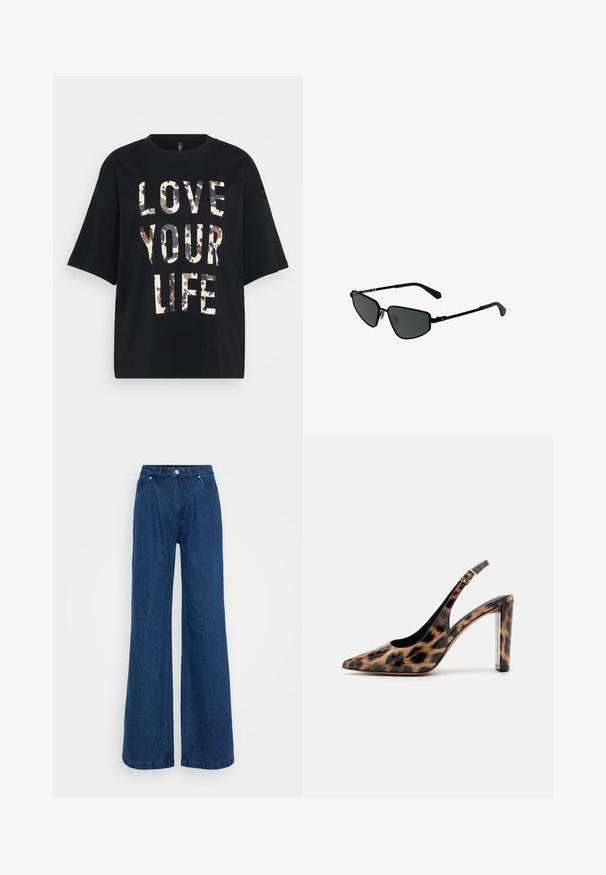 Sort T-shirt med korte ærmer, der har stor beige og brun camouflage-tekst "ELSK DIT LIV" på forsiden.; Bredbenede blå denimjeans med høj talje, frontknap og lynlås lukning, samt for- og baglommer på en ensfarvet baggrund.; Sandalet med leopardprint, spids tå og gennemsigtig blokhæl. Lavet af blankt materiale med en glat overflade.; Sorte metal solbriller med vinklede rammer og mørke linser. Har tynde, lige stænger og næsepuder for en sikker pasform.