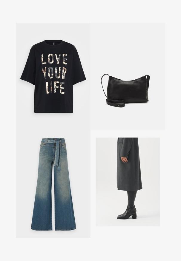 Schwarzes T-Shirt mit kurzen Ärmeln und großem beigen und braunen Camouflage-Text "LIEBE DEIN LEBEN" auf der Vorderseite.; Weit geschnittene Denim-Hosen mit einem Farbverlauf von hellblau zu dunkelblau, hoher Taille, Gürtelschlaufen und einem passenden Stoffgürtel. Strukturierte Denim-Oberfläche.; Grau, maßgeschneiderter Überwurf mit geradem Schnitt; kombiniert mit knöchelhohen, schwarzen Lederstiefeln mit quadrater Zehenform und klobigem Absatz.; Schwarze Ledertasche für die Schulter mit glatter Textur, geschwungener Form, verstellbarem Tragegurt und Reißverschluss. Minimalistisches Design ohne Verzierungen.