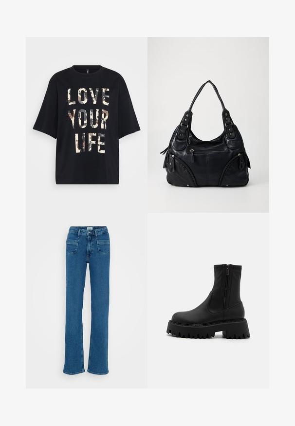 Schwarzes T-Shirt mit kurzen Ärmeln und großem beigen und braunen Camouflage-Text "LIEBE DEIN LEBEN" auf der Vorderseite.; Hellblaue, ausgestellte Jeans aus Denim mit hoher Taille, zwei vorderen Taschen und subtilen Ausbleichungen, versehen mit Nähten entlang der Nähte für Details.; Schwarze Ankelboots aus mattem synthetischem Material, mit einem seitlichen Reißverschluss, klobigem Plattformsohle mit gezahnten Kanten und verstärkten Nähten.; Schwarze Ledertasche mit doppelten Griffen, vorderen Reißverschlusstaschen und metallenen Nieten, vor einem schlichten hellen Hintergrund.