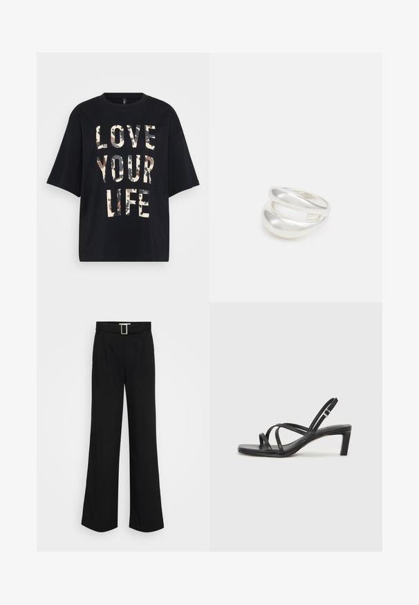 Czarny T-shirt z krótkim rękawem z dużym, beżowo-brązowym tekstem w kamuflażu "KOCHAJ SWOJE ŻYCIE" z przodu.; Czarne szerokie spodnie wykonane z lekkiej tkaniny, charakteryzujące się gładką fakturą, fałdami z przodu oraz paskiem z kwadratową metalową klamrą.; Czarne sandały na obcasie z prostokątnym noskiem i niskim słupkowym obcasem. Posiadają wiele cienkich pasków i regulowany pasek na kostkę. Wykonane z gładkiej skóry.; Srebrna obrączka podwójna z gładką, polerowaną powierzchnią. Posiada płynny, zakrzywiony kształt z nakładającymi się sekcjami, co nadaje nowoczesny wygląd.