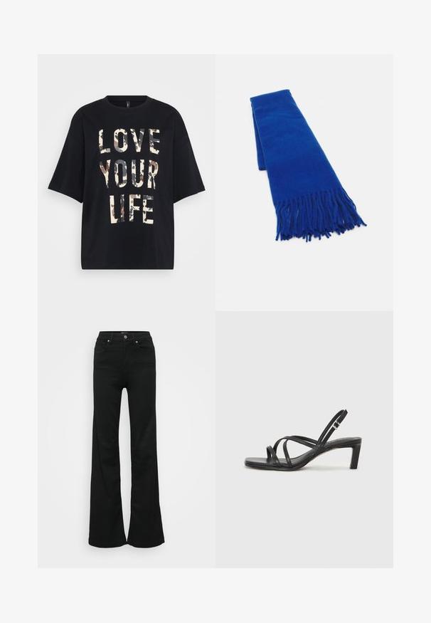 Black short-sleeve T-shirt with large beige and brown camouflage text "LOVE YOUR LIFE" on front.; Black flared jeans made from denim, featuring a high waist, five pockets, and metal button closure. Smooth texture with minimal detailing.; Black strappy sandal with a square toe and a low block heel. Features multiple thin straps and an adjustable ankle strap. Made of smooth leather.; Blue woven scarf with fringed ends, smooth texture, rectangular shape, and uniform color throughout. Suitable for cold weather.