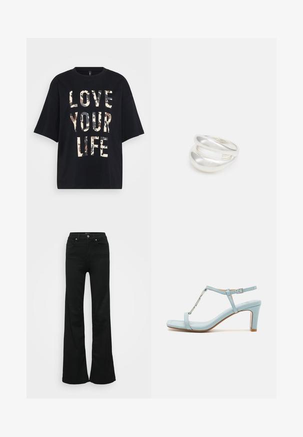 Čierne krátke rukávy tričko s veľkým béžovým a hnedým maskáčovým nápisom "MILUJ SVOJ ŽIVOT" na prednej strane.; Čierne rozšírené džínsy vyrobené z denimu, s vysokým pásom, piatimi vreckami a kovovým zapínaním. Hladká textúra s minimálnym zdobením.; Svetlomodré sandále na vysokom podpätku so členkovým remienkom a štvorcovým špičkovým dizajnom, s kovovým akcentom a elegantnou, hladkou koženou textúrou.; Strieborný prsteň s dvojitým pásikom s hladkým, lesklým povrchom. Má plynulý, zakrivený dizajn s prekryvajúcimi sa časťami pre moderný vzhľad.