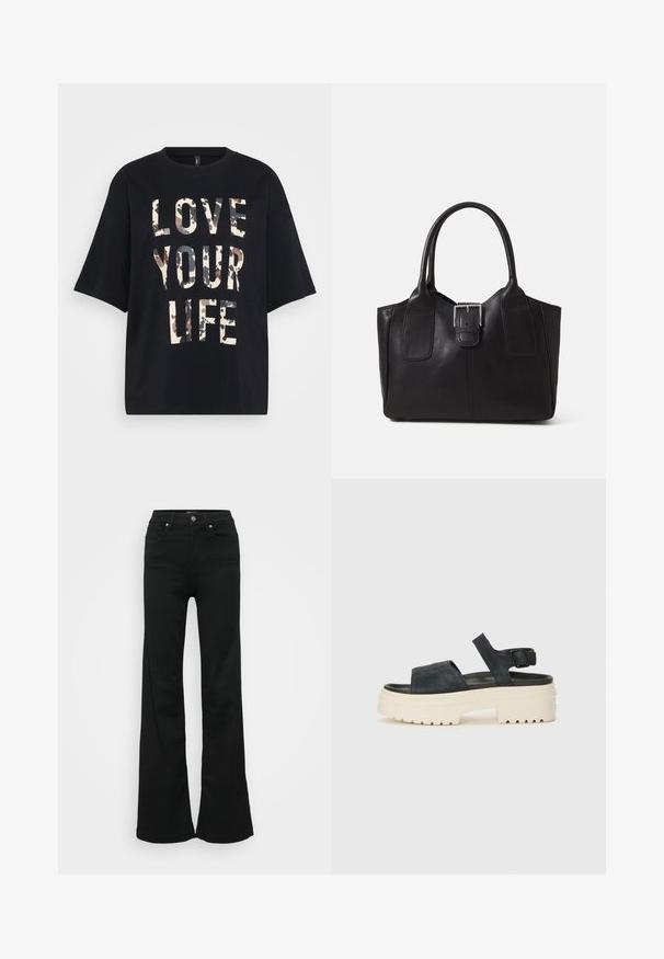 Must räbaline lühikeste varrukatega T-särk, millel on ees suur beež ja pruun camouflage-kirjaga "ARMSTA OMA ELU".; Mustad laiad teksapüksid, valmistatud denimist, kõrge vöökoht, viis taskut ja metallist nööpkinnitus. Sujuv tekstuur väheste detailidega.; Mustad musta sametist platvormsandaalid, millel on paks valge tald, lai esirihm ja reguleeritav pahkluu nööpe. Tekstureeritud tallad haardevad.; Mustgamma nahast kott, millel on sile tekstuur, struktureeritud kuju, kaks käepidet ja esiküljel silmapaistev hõbedane pandla detail.