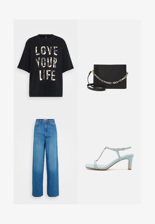 Crna majica kratkih rukava s velikim bež i smeškim kamuflažnim natpisom "VOLI SVOJ ŽIVOT" s prednje strane.; Plave traperice visokog struka širokih nogavica s prednjim gumbom i zatvaračem, prednjim i stražnjim džepovima te šivenim rubovima na bijeloj pozadini.; Svijetloplave sandale na visokoj peti s remenčićem oko gležnja, s kvadratnim vrhom, koje imaju metalni detalj i elegantnu, glatku kožnu teksturu.; Crna kožna torba preko tijela s glatkom teksturom, pravokutnim oblikom i metalnim lancem na prednjoj strani. Uključena je podesiva naramenica.