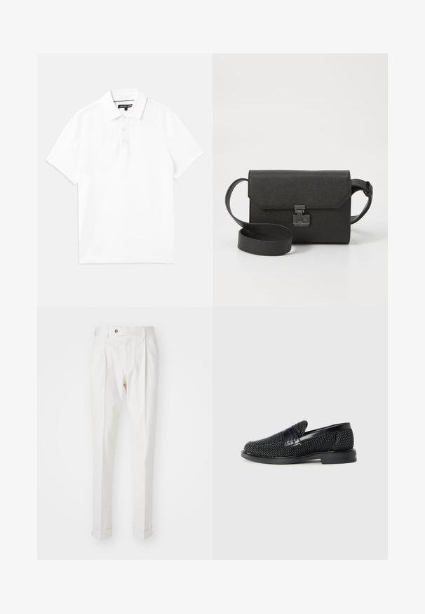 Hvit polo-skjorte laget av pustende bomullsblanding, med krage, kort erm og tre-knappers knappelukking. Glatt tekstur, ingen mønstre.; Hvite, skreddersydde bukser med flat front, to legg, og oppbrett. Laget av et glatt stoff med knappelukking i livet.; Sorte vevde slip-on sko med en glatt lærdetalj på overdelen, design med rund tå og en lavprofil gummisåle.; Svart lær crossbody-veske med teksturert overflate, klaffelukk, metallbeslag og en matchende justerbar stropp.
