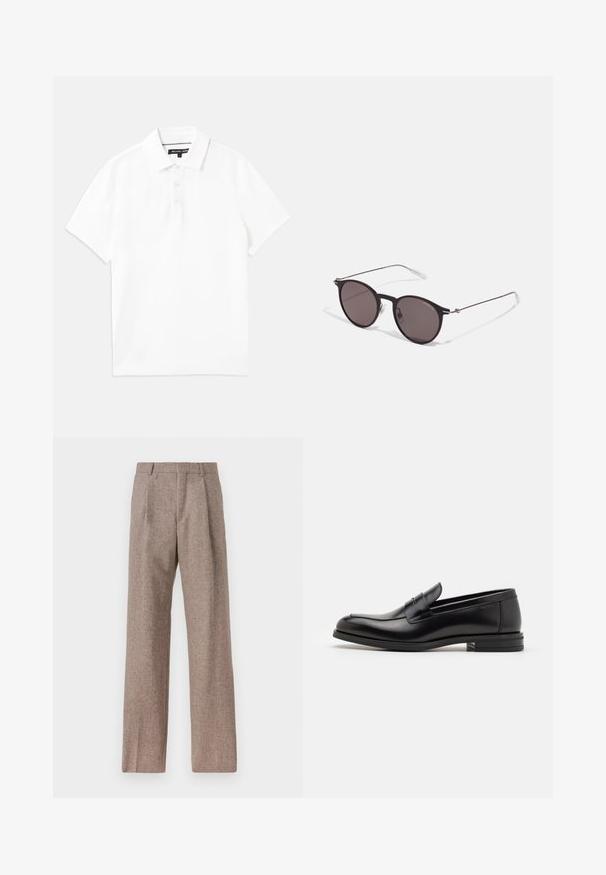 Polo bianco realizzato in un morbido misto cotone traspirante, con colletto, maniche corte e patta con tre bottoni. Texture liscia, senza motivi.; Pantaloni marroni a vita alta realizzati in tessuto testurizzato. Presentano gambe ampie e due pieghe frontali per struttura. Rifinitura curata senza hardware visibile.; Mocassini neri in pelle con una texture liscia, punta arrotondata e una striscia decorativa sulla tomaia. Tacco basso impilato, design minimalista.; Occhiali da sole neri rotondi con lenti scure e sottili bracci in metallo. Include punte trasparenti e accenti argentati alla cerniera. Design minimalista.
