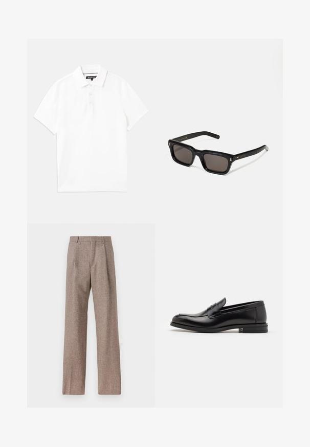 Fehér pólóing légáteresztő pamutkeverékből, gallérral, rövid ujjú, háromgombos nyakkal. Simább textúra, nincs mintázat.; Barna, magas derekú nadrág texturált anyagból. Széles szárai és két elülső redője biztosítja a struktúrát. Ízléses kivitel, látható fémszerelés nélkül.; Fekete bőr loaferek sima textúrával, kerek orral és dekoratív pánttal a vampnál. Alacsony, rétegelt sarkú, minimalista dizájn.; Fekete téglalap alakú napszemüveg sötét lencsékkel, vastag műanyag keret, arany díszítések a szárakon, és a márka logója gravírozva a szára.