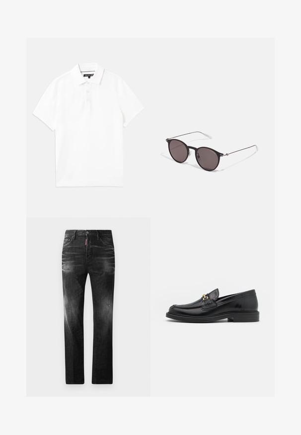 Witte polo shirt gemaakt van ademende katoenmix, met een kraag, korte mouwen en een sluiting met drie knopen. Glad textuur, geen patronen.; Zwarte denim jeans met een rechte pasvorm. Beschikt over vervaagde gebieden, lichte slijtage, klassiek vijf-pocket ontwerp en een knoopsluiting.; Zwarte leren instappers met een ronde neus, voorzien van een gouden hardware accent en stikdetails, geplaatst op een lage, getextureerde rubberen zool.; Zwarte ronde zonnebril met donkere lenzen en slanke metalen armen. Inclusief heldere tempelpunten en zilveren accenten bij de scharnier. Minimalistisch ontwerp.