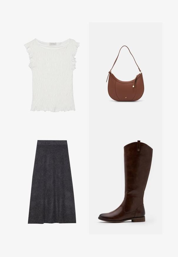 White short-sleeve top featuring smocked fabric with ruffled edges, a relaxed neckline, and a textured finish throughout.; Dark gray, knee-length knit skirt with a smooth texture and a waistband. A-line silhouette with even hem, designed for comfort and versatility.; Brown knee-high boots made of smooth leather, featuring a rounded toe, low stacked heel, and a subtle stitching pattern along the sides.; Brown faux leather shoulder bag with curved shape, minimal stitching, and a gold-tone hardware accent. Features a top zipper closure and adjustable strap.