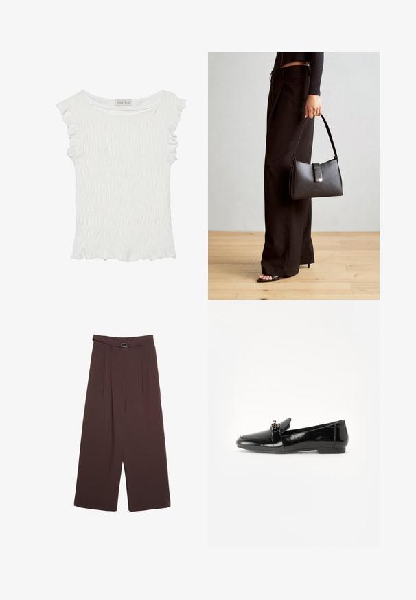 Top bianco a maniche corte con tessuto arricciato ai bordi a frange, scollatura rilassata e finitura testurizzata su tutta la superficie.; Stradivarius WIDE-LEG WITH BUCKLE DETAIL - Pantaloni - dark brown; Mocassino in pelle verniciata nera con suola piatta, punta arrotondata e una fascia decorativa con accento in tonalità oro. Finitura liscia e lucida.; Borsa nera con forma strutturata, texture liscia e una chiusura metallica. Abbinata a pantaloni neri larghi e sandali open-toe su un pavimento in legno.