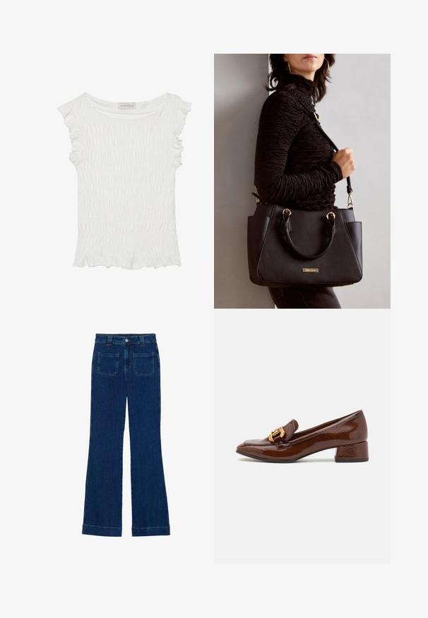 Hvid kortærmet top med smocked stof og flæset kanter, afslappet halsudskæring og en tekstureret finish gennem hele toppen.; Mørkeblå flared jeans i denim med en glat tekstur, fem-lomme design og en knaplukning i taljen.; Brune læder loafers med en blank finish, der har en dekorerende guld spænde foran og en lav blokhæl. Klassisk design.; Sort håndtaske med struktureret overflade, dobbelt topbærere og justerbar skulderrem. Udstyret med guldfarvet metalhardware og sidelommer.