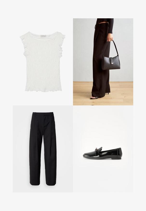 Hvid kortærmet top med smocked stof og flæset kanter, afslappet halsudskæring og en tekstureret finish gennem hele toppen.; Sorte bukser med en afslappet pasform, plisseret front og bæltestropper. Glat stof og lige ben, med sidelommer.; Sort laklæder loafers med flad sål, rund tå og en dekorativ rem med en guld-tonet accent. Glat, blank finish.; Sort håndtaske med struktureret form, glat overflade og metalspænde. Sammen med brede sorte bukser og sandaler med åben tå på trægulv.